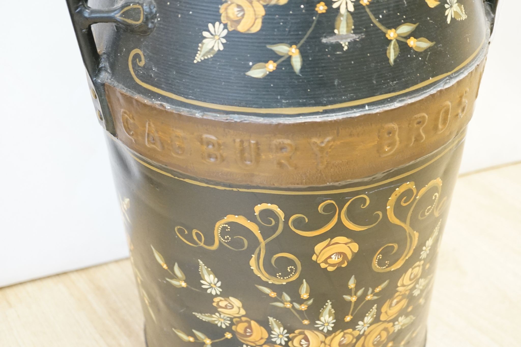 Cadbury Bro Ltd toleware churn, floral painted, 72cm